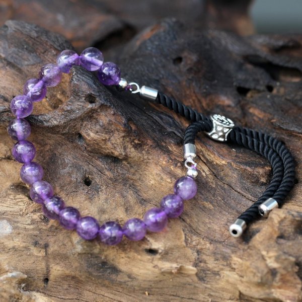 (image for) 925 Silver Plated Gemstone Black String Bracelet - Amethyst