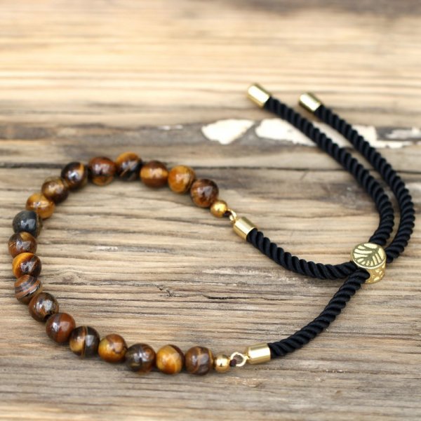 (image for) 18K Gold Plated Gemstone Black String Bracelet - Tiger Eye