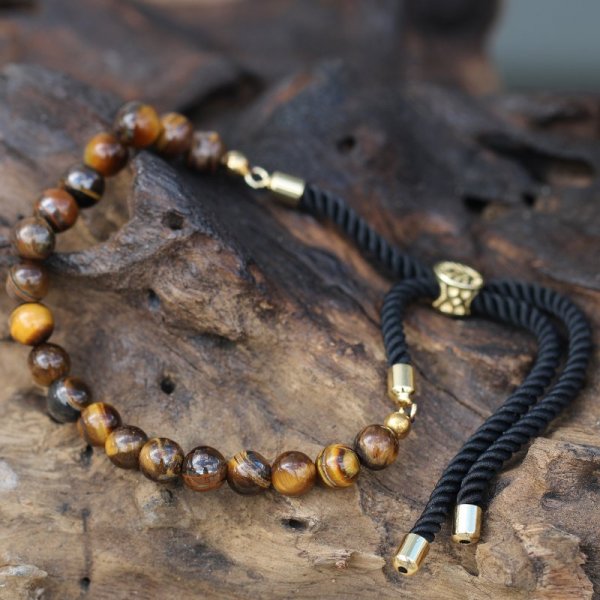 (image for) 18K Gold Plated Gemstone Black String Bracelet - Tiger Eye