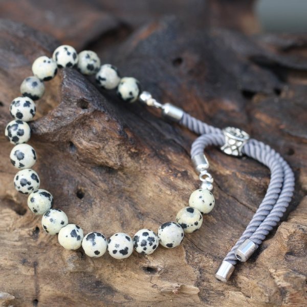 (image for) 925 Silver Plated Gemstone Charcoal String Bracelet - Dalmatian Jasper