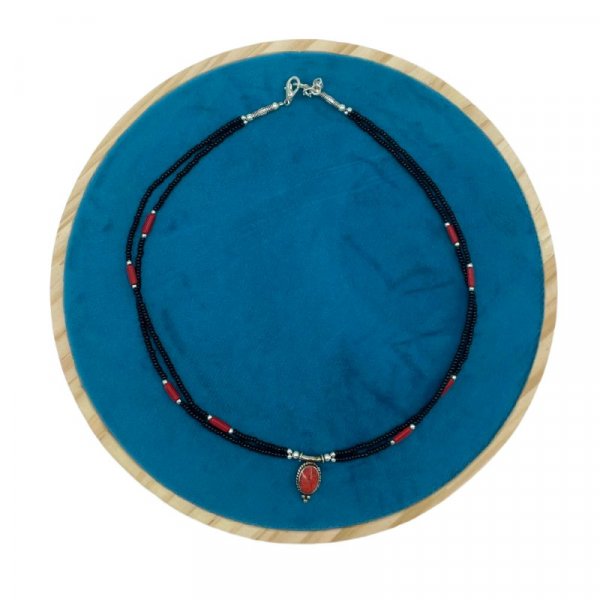 (image for) Nepalese Extra Fine Two Line Necklace - Black & Coral Pendant