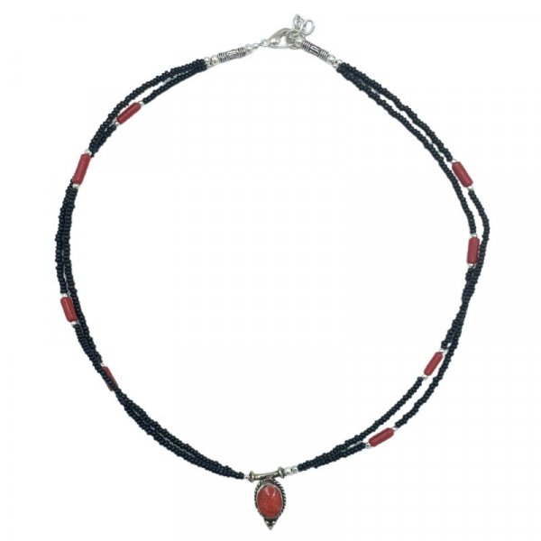 (image for) Nepalese Extra Fine Two Line Necklace - Black & Coral Pendant