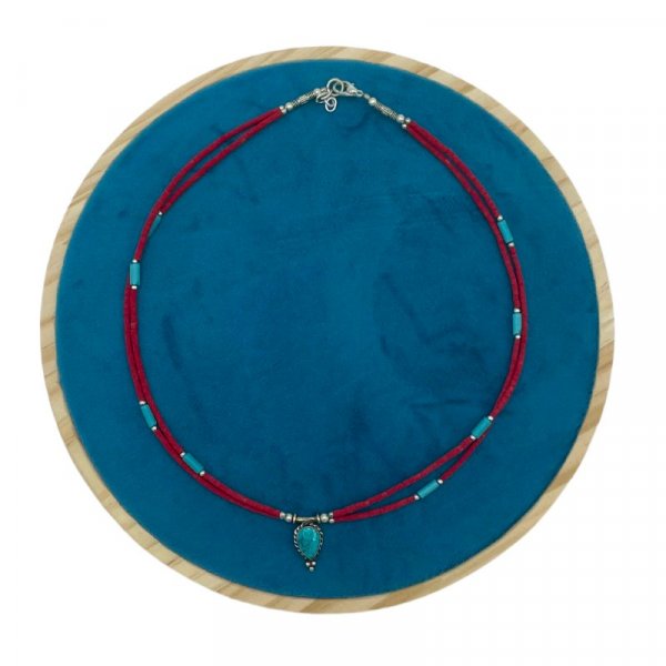 (image for) Nepalese Extra Fine Two Line Necklace - Pink & Turquoise Pendant