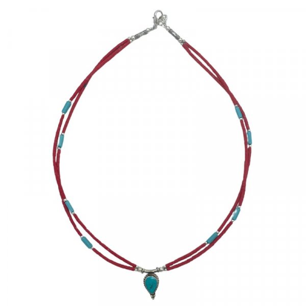 (image for) Nepalese Extra Fine Two Line Necklace - Pink & Turquoise Pendant