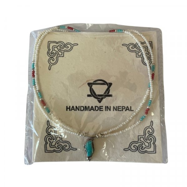 (image for) Nepalese Extra Fine Two Line Necklace - Pearl & Turquoise Pendant