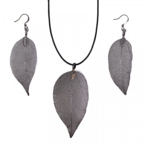 (image for) Necklace & Earring Set - Bravery Leaf - Pewter