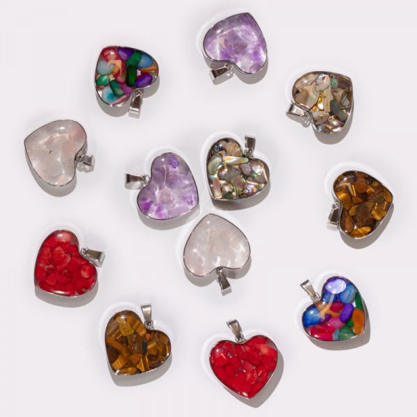 (image for) Steel Cased Pendant Hearts - 12 Assorted Gemstone Chips & Shells