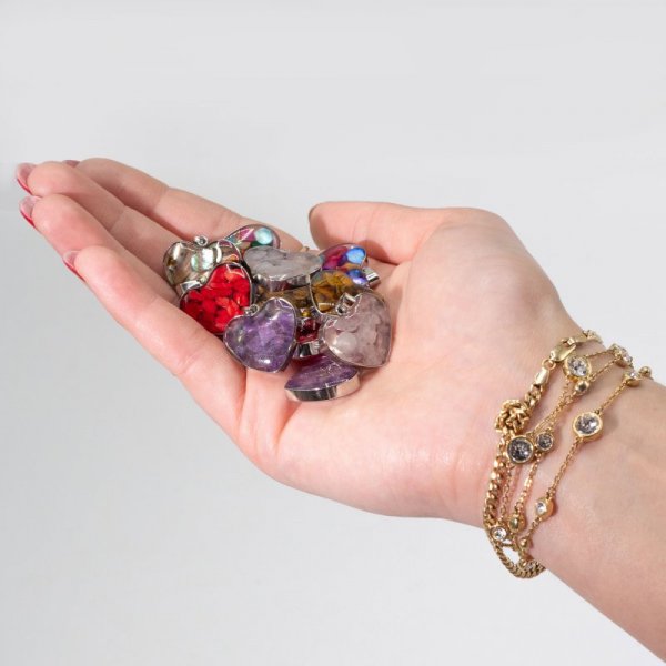 (image for) Steel Cased Pendant Hearts - 12 Assorted Gemstone Chips & Shells