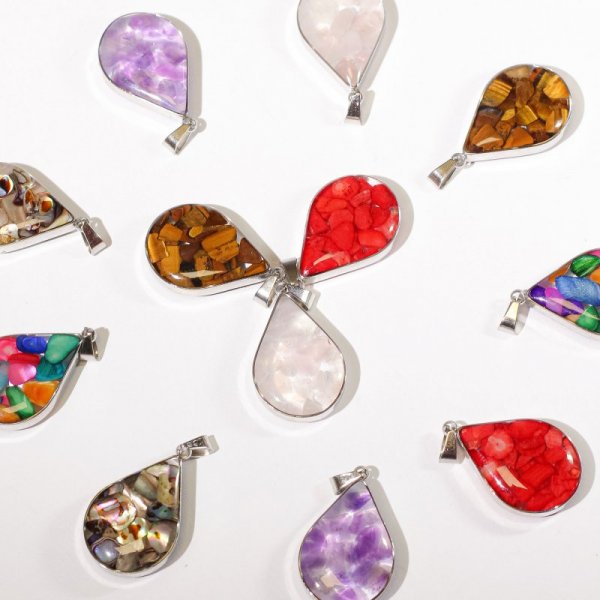 (image for) Steel Cased Pendant Teardrops - 12 Assorted Gemstone Chips & Shells
