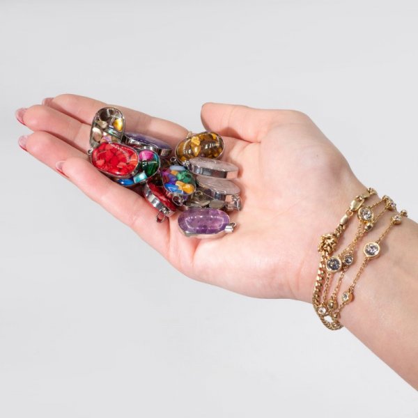 (image for) Steel Cased Pendant Ovals - 12 Assorted Gemstone Chips & Shells