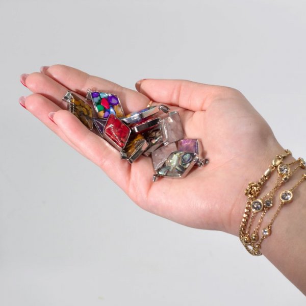(image for) Steel Cased Pendant Diamonds - 12 Assorted Gemstone Chips & Shells