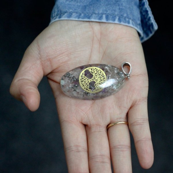 (image for) Orgonite Power Pendant - 7 Stone Chakra Oval with Tree