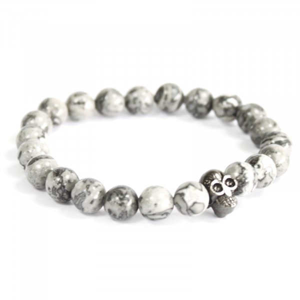 (image for) Pewter Skull / Grey Agate - Gemstone Bracelet