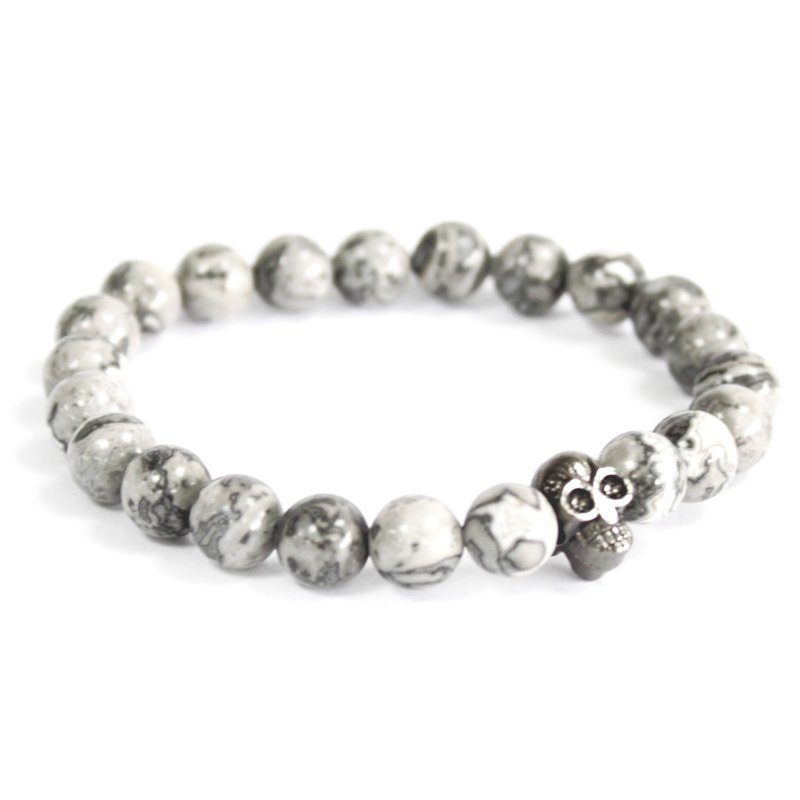 (image for) Pewter Skull / Grey Agate - Gemstone Bracelet