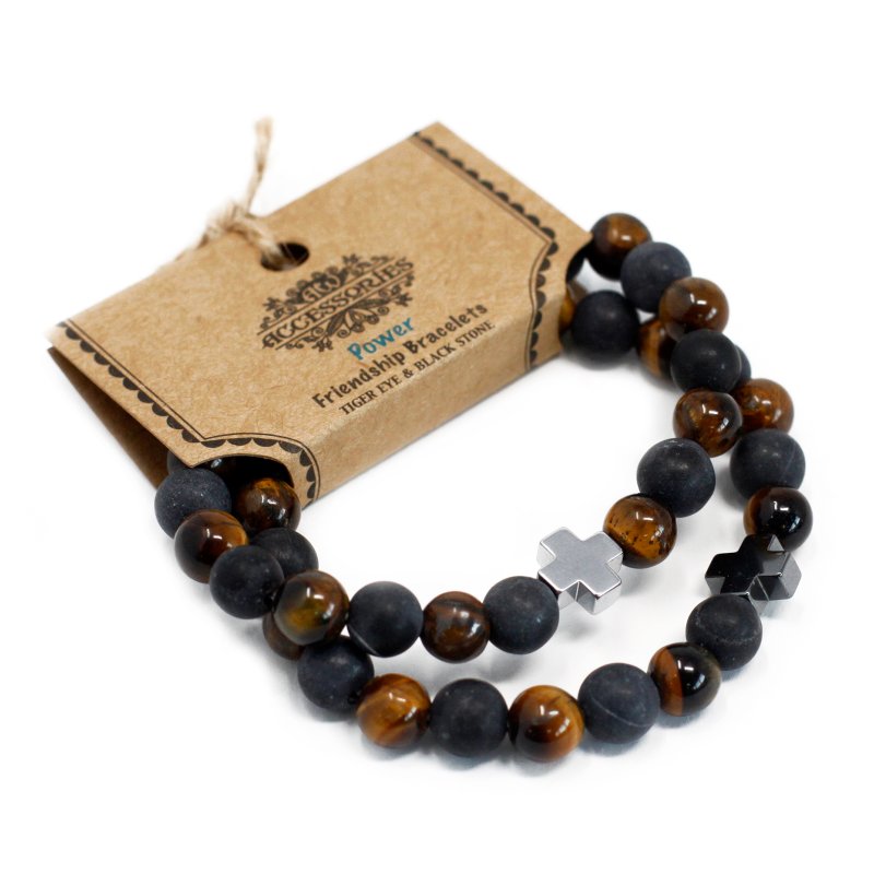 (image for) Set of 2 Gemstones Friendship Bracelets - Power - Tiger Eye & Black Stone
