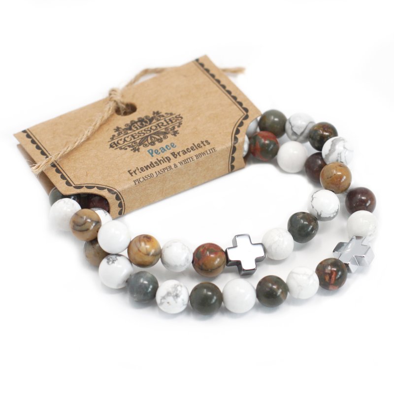 (image for) Set of 2 Gemstones Friendship Bracelets - Peace - Picasso Jasper & White Howlite