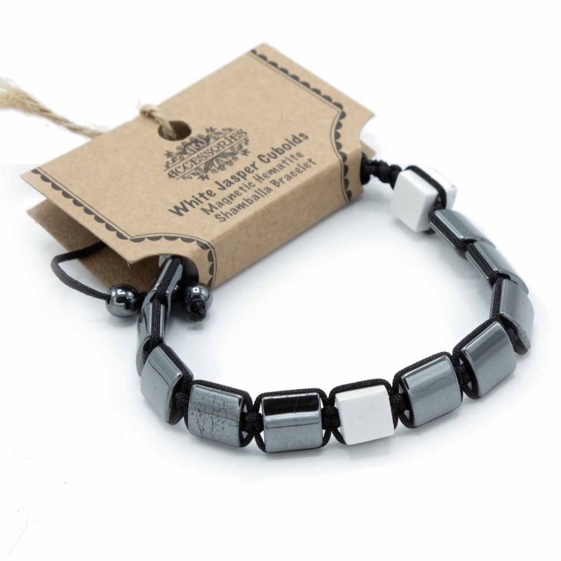 (image for) Magnetic Hematite Shamballa Bracelet - White Jasper Cuboids