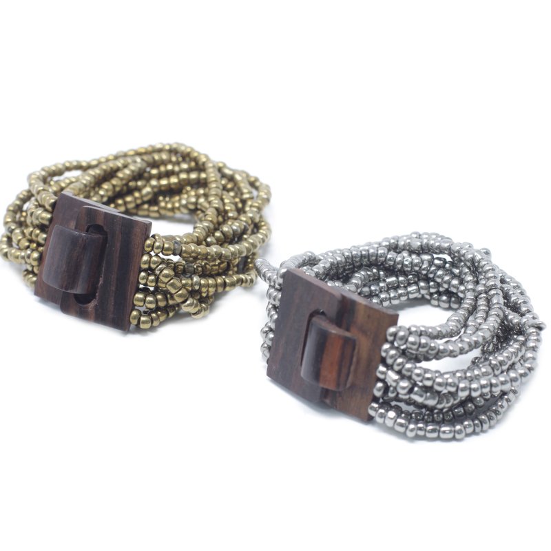 (image for) Multi-Bead Bangle Wooden Clasp - Assorted Gold/Bronze
