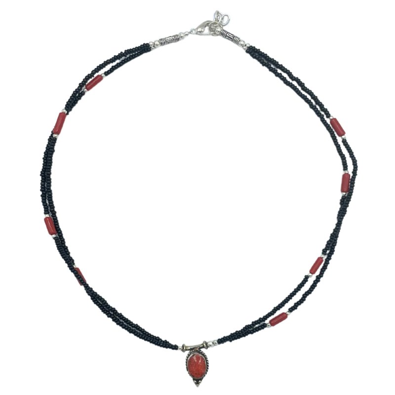 (image for) Nepalese Extra Fine Two Line Necklace - Black & Coral Pendant