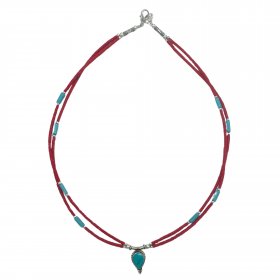 Nepalese Extra Fine Two Line Necklace - Pink & Turquoise Pendant