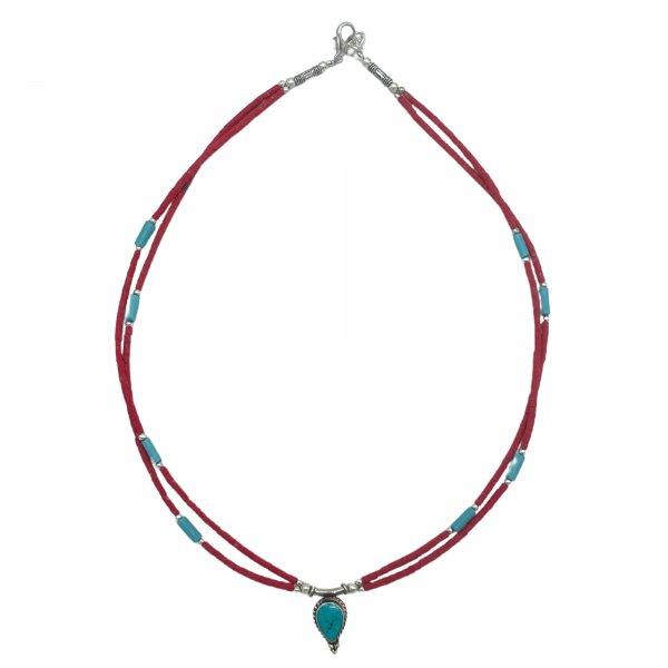 (image for) Nepalese Extra Fine Two Line Necklace - Pink & Turquoise Pendant