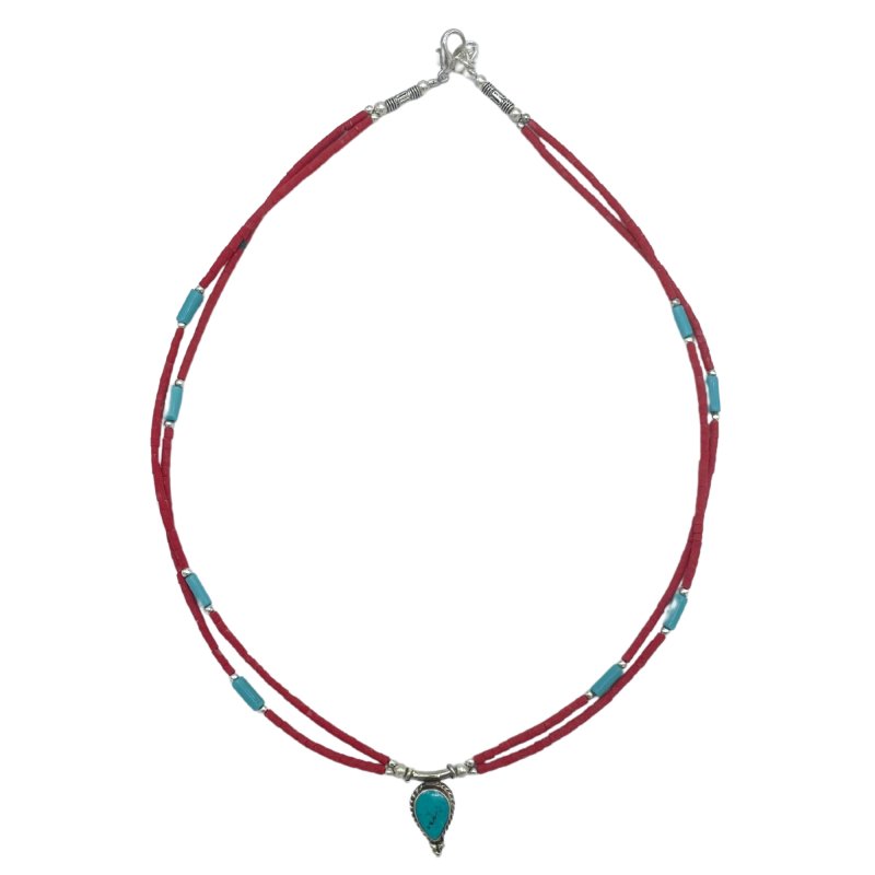 (image for) Nepalese Extra Fine Two Line Necklace - Pink & Turquoise Pendant