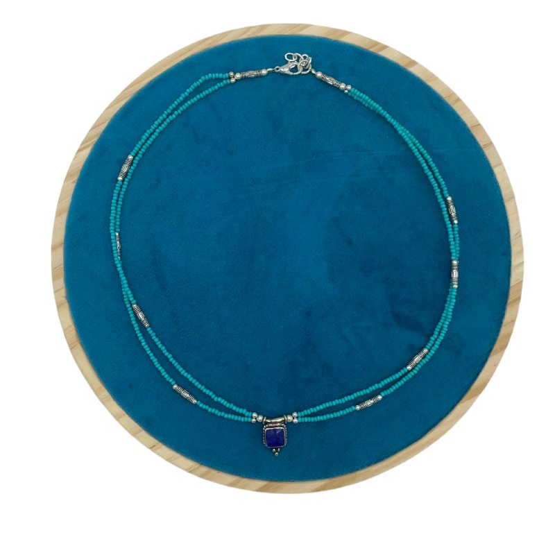 (image for) Nepalese Extra Fine Two Line Necklace - Turquoise & Lapis Pendant