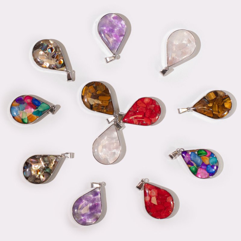 (image for) Steel Cased Pendant Teardrops - 12 Assorted Gemstone Chips & Shells