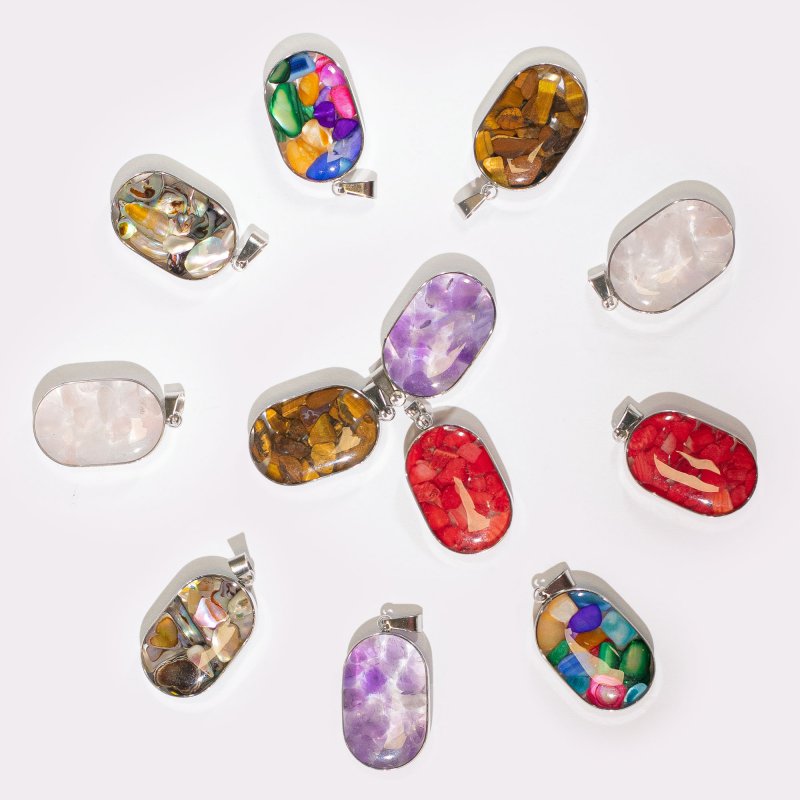 (image for) Steel Cased Pendant Ovals - 12 Assorted Gemstone Chips & Shells